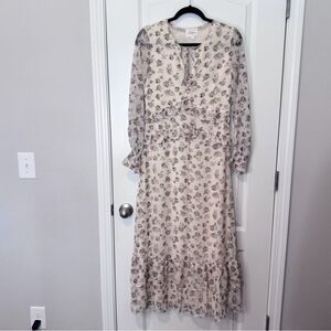 Bohme Cream Dainty Floral Boho Peasant Ruffle Trim Midi Dress Women’s Size Small